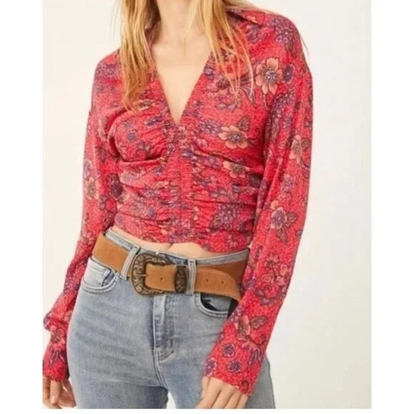 FREE PEOPLE I Got You Printed Floral Smocked Crop Top Red Long Sleeve XSmall - Picture 1 of 11